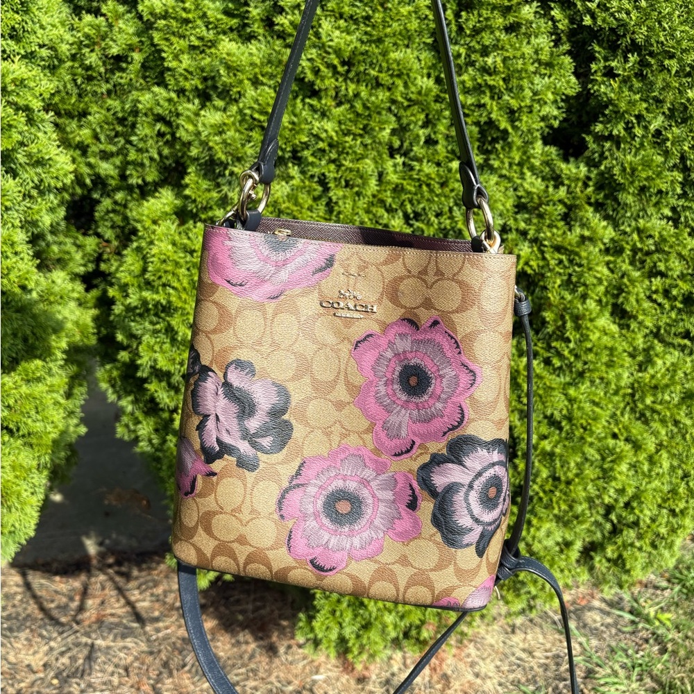 Coach Tan Crossbody Bag with Pink Floral Design